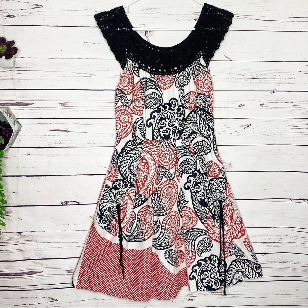 Eva Franco Crochet Trim Casual Boho Pinup Dress Size 4 Small Red Black White